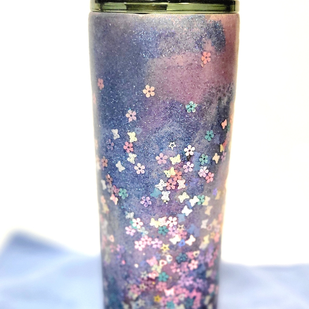 Hand Crafted Purple Glitter 30 Oz Tumbler Butterfly Floral